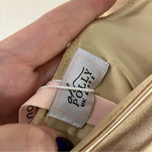 Oh Polly Embellish The Moment Ruched Satin Metallic Knee Length Dress in Gold - Picture 13 of 15